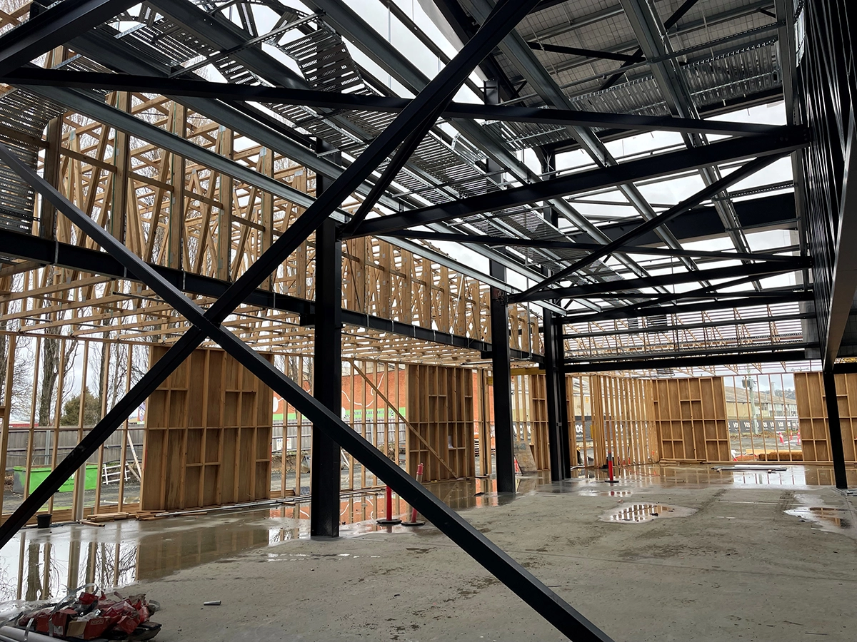 Wood framing being fitted in the reception area