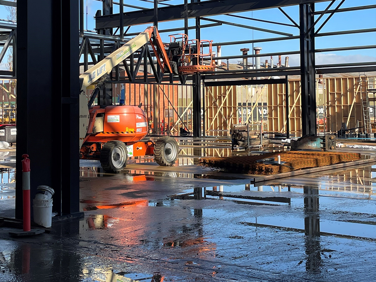 Wooden framing being installed in reception area