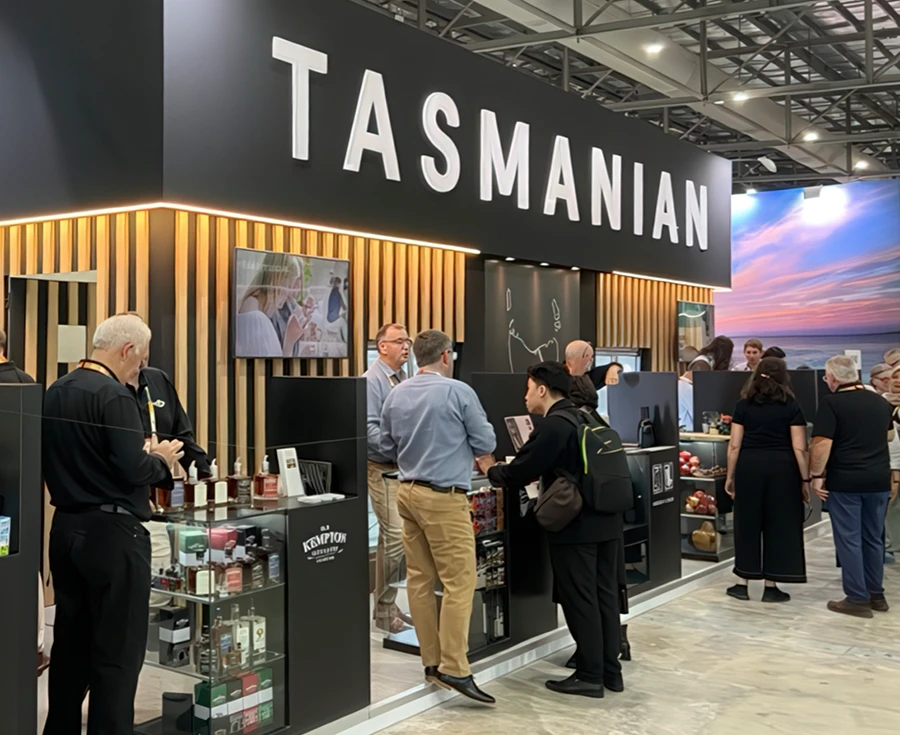 Tasmanian Trade stall displaying Tasmanian items with people looking at the products